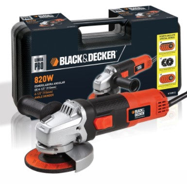 ESMERILADORA 4-1/2 PULG, 820 WATTS, 11000 RPM, CAJA PLASTICA Y 12 ACCESORIOS EJE 5/8 PULG. BLACK AND DECKER