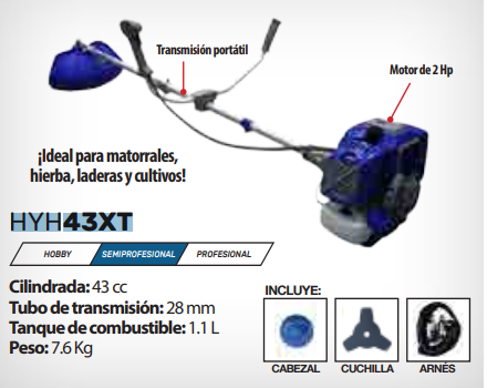 CHAPEADORA DE GASOLINA, 2 HP, 2 TIEMPOS, 43 CC, HYUNDAI, HYH43XT