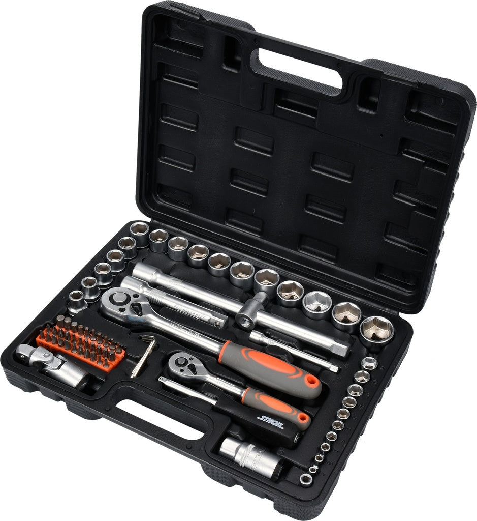 Juego de copas y llaves ratch, 1/2 plgs y 1/4 plgs, 72 piezas, Sthor, 58705