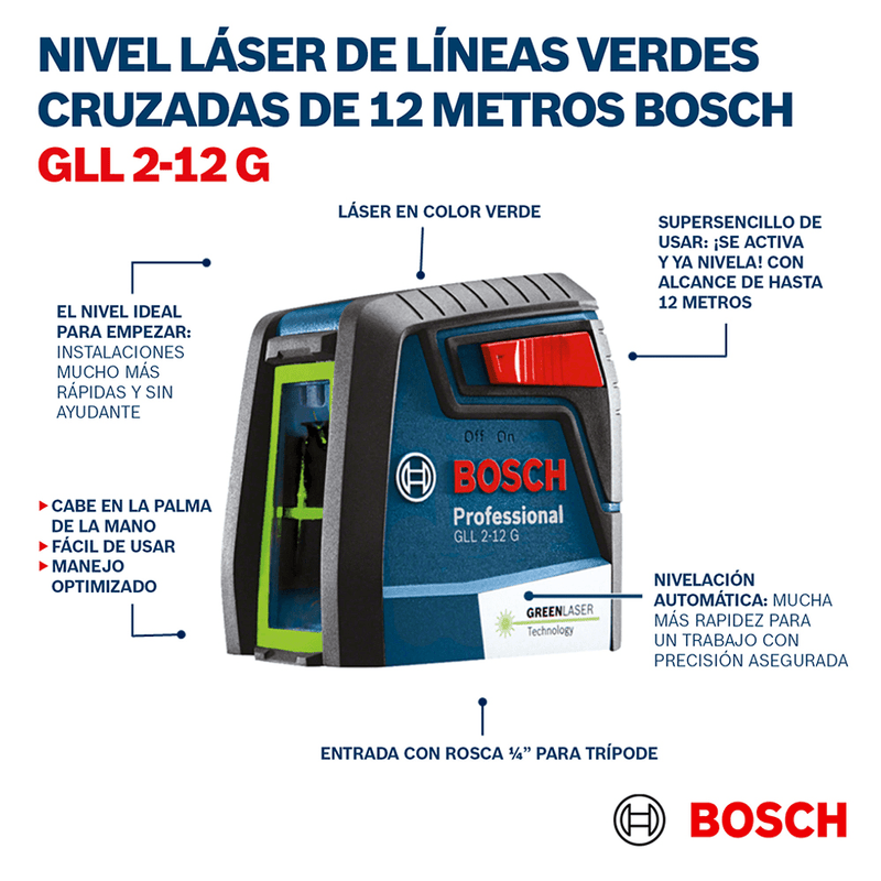 Nivel láser verde de 90, 12 metros, 0601063VD0, GLL 2-12 G, Bosch