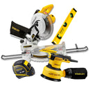 COMBO SIERRA INGLETEADORA 10 PULG, LIJADORA ROTO ORBITAL DE 5 PULG, METRO DE 8 MTS Y NIVEL DE  ALUMINIO 18 PULG. STANLEY
