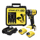 ATORNILLADOR DE IMPACTO, INALAMBRICO V20, 20 VOLTIOS CON 2 BATERIAS CARGADOR Y MELETA. MARCA STANLEY