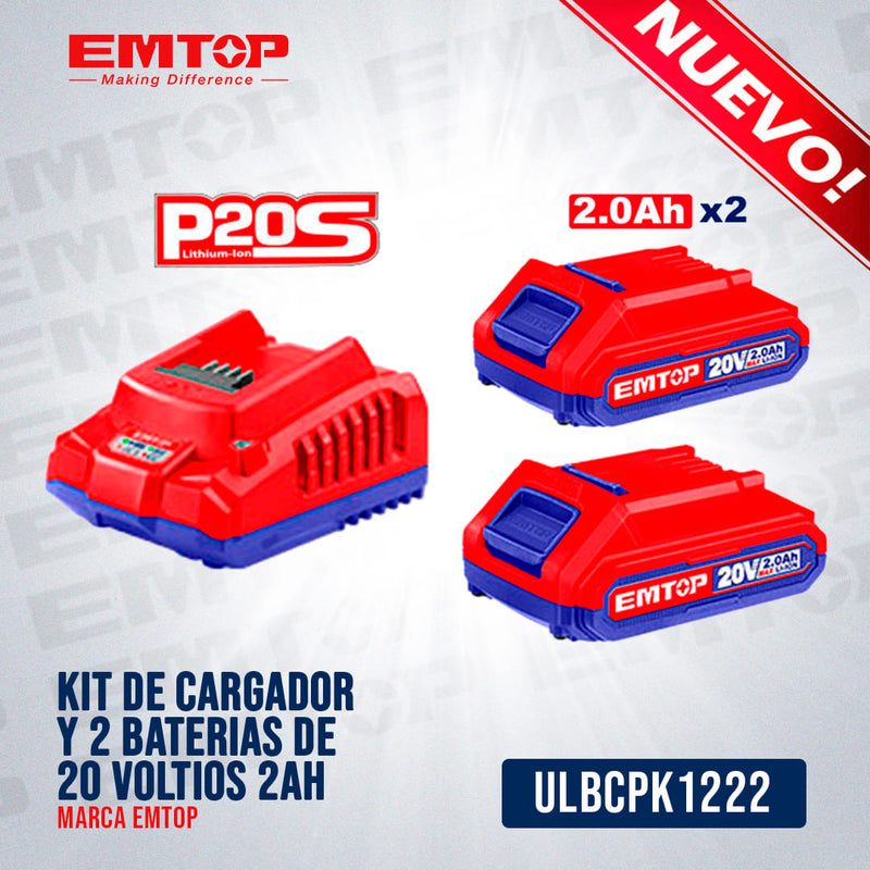 KIT DE CARGADOR Y 2 BATERIAS DE 20 VOLTIOS 2AH. MARCA EMTOP