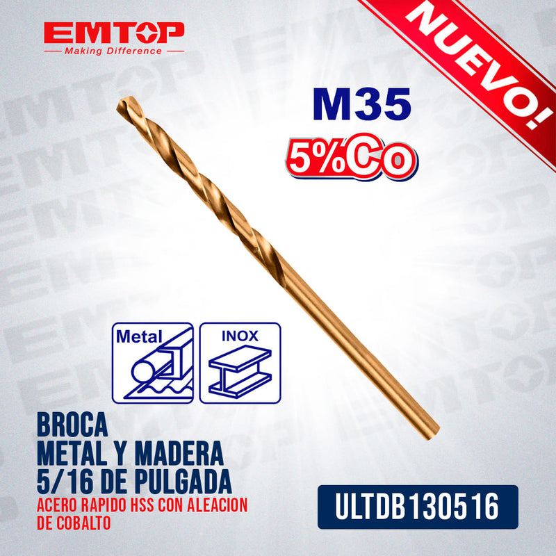 BROCA, METAL Y MADERA, 5/16 DE PULGADA, ACERO RAPIDO HSS CON ALEACION DE COBALTO. MARCA EMTOP