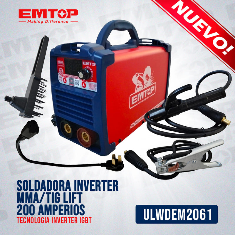 SOLDADORA INVERTER MMA/TIG LIFT, 200 AMPERIOS, 110 Y 220 VOLTIOS, TEGNOLOGIA INVERTER IGBT. MARCA EMTOP