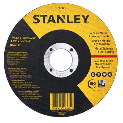 Disco para cortar metal acero inox de 4 ½ plgs, centro plano, Stanley, sta8061